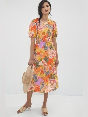 Anthropologie Farm Rio Maribel Tropical Print Midi Dress Size Small Petite